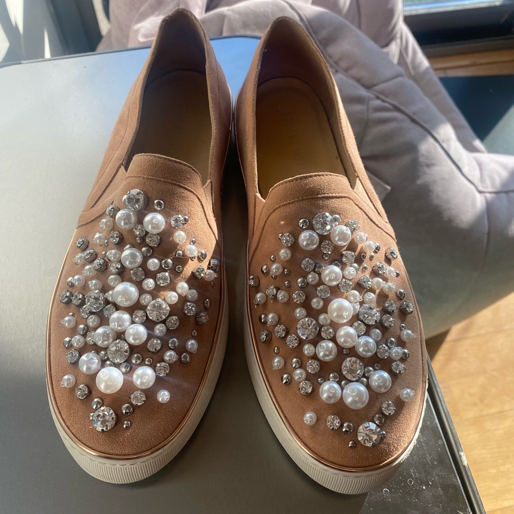 Stuart Weitzman Pearl-Embellished Nubuck Sneakers